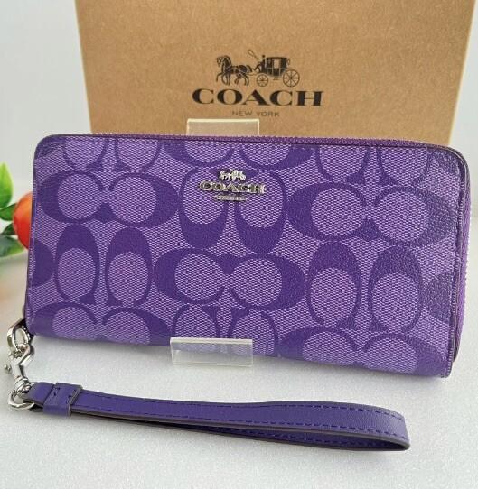 COACH C4452 Long Zip Around Wallet with Detachable Strap Signature Canvas Sport Purple