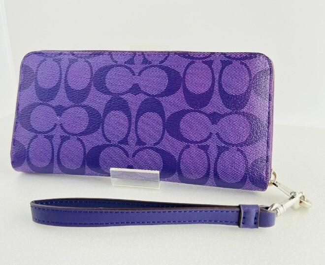 COACH C4452 Long Zip Around Wallet with Detachable Strap Signature Canvas Sport Purple
